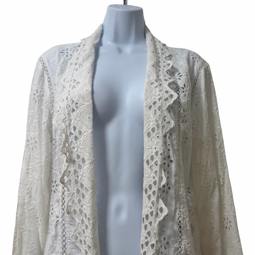 LRL Ralph Lauren Lace Eyelet Embroidered Open Cardigan Size L White Cottagecore - Picture 3 of 8